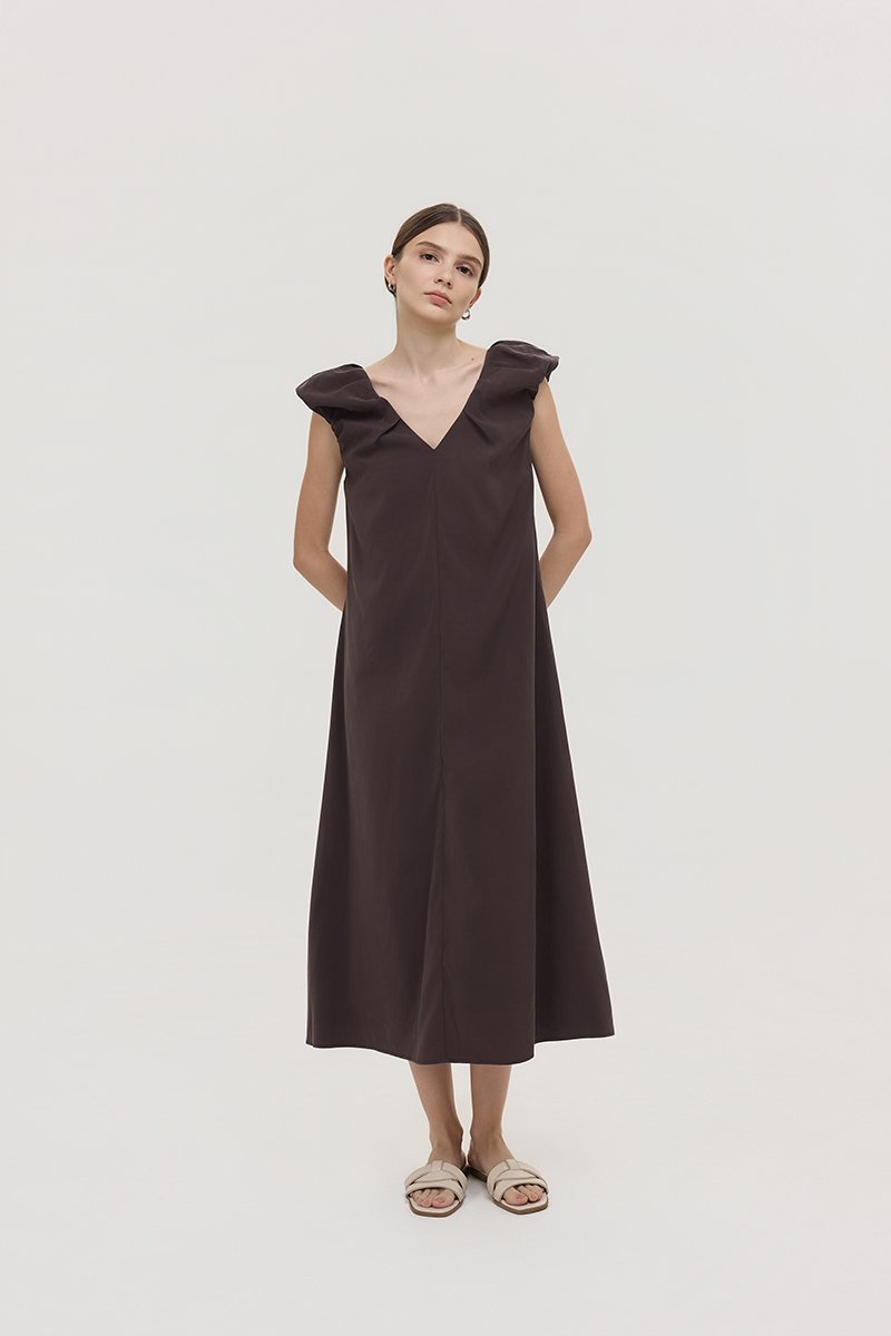 WYLENE PUFF SHOULDER MIDI DRESS