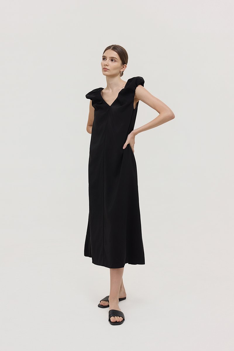 WYLENE PUFF SHOULDER MIDI DRESS