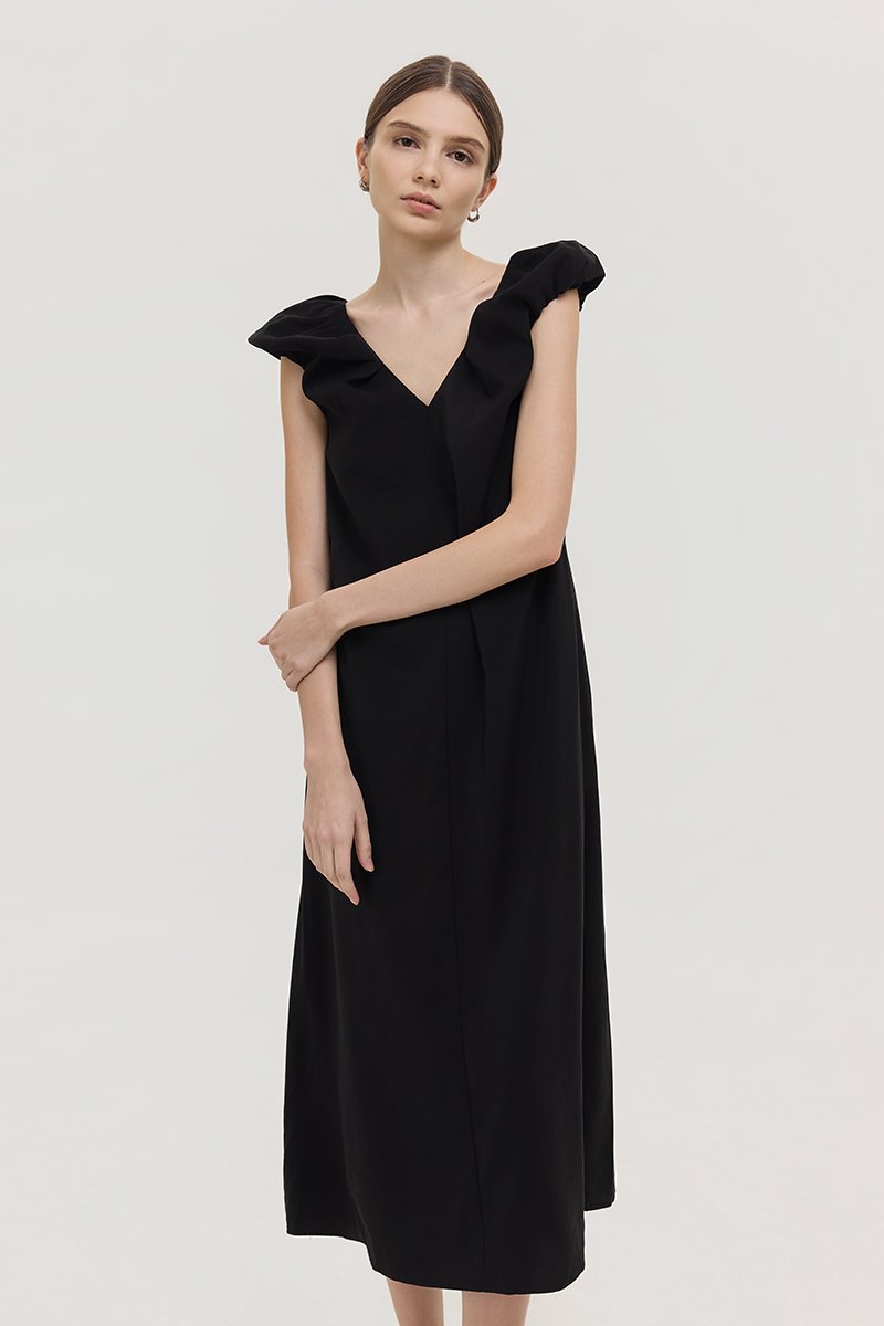 WYLENE PUFF SHOULDER MIDI DRESS
