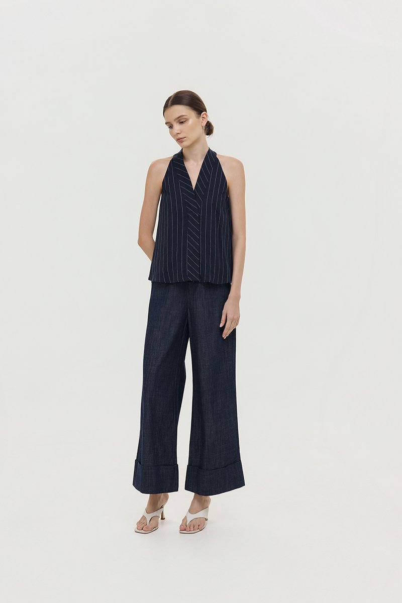 LORIE HALTER STRIPE LINEN TOP