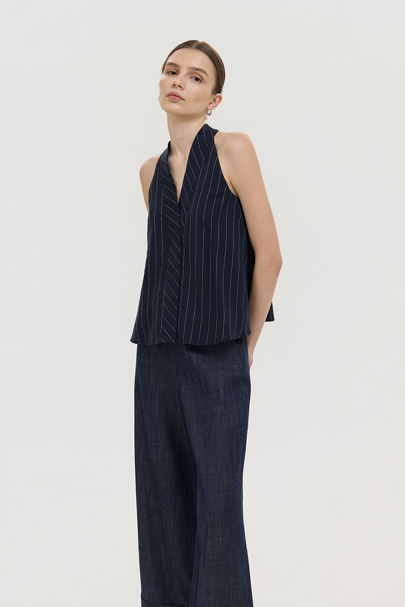LORIE HALTER STRIPE LINEN TOP