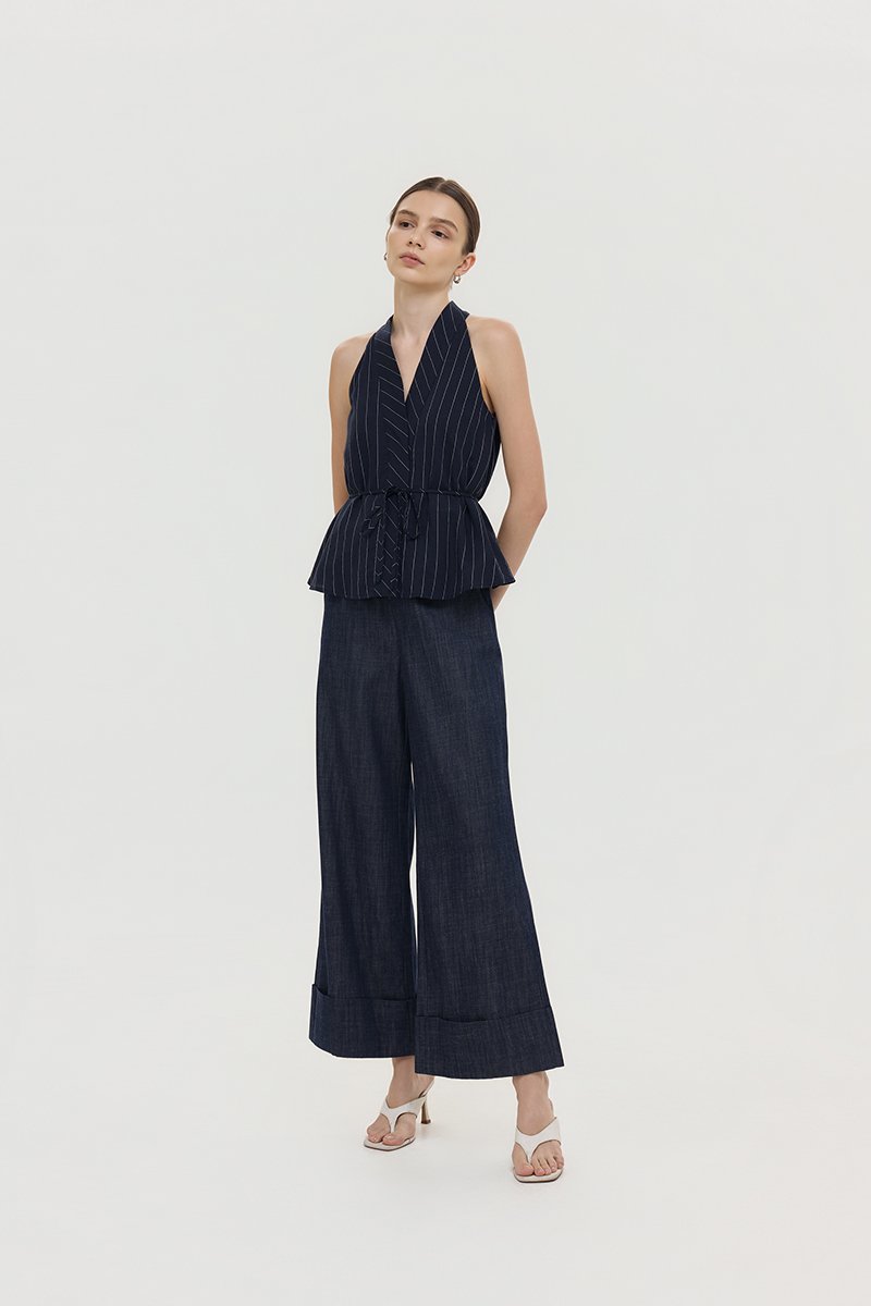 LORIE HALTER STRIPE LINEN TOP