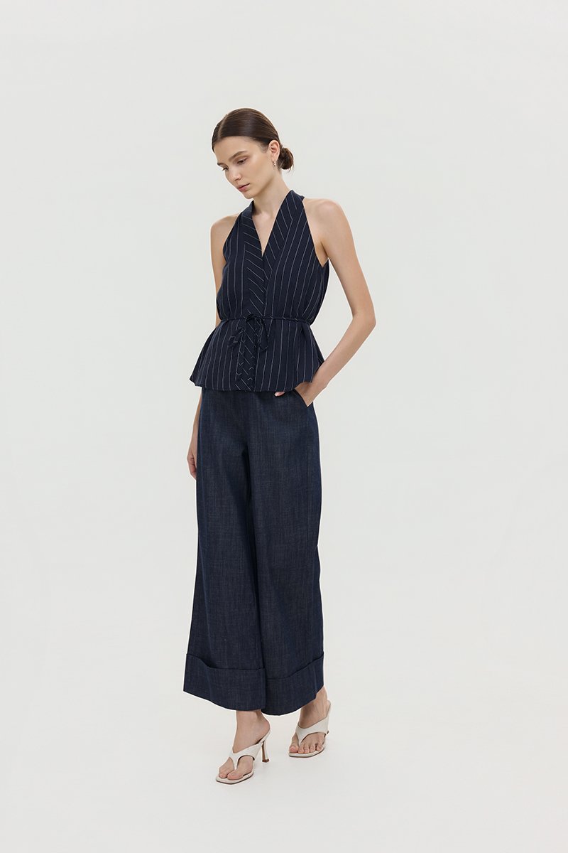 LORIE HALTER STRIPE LINEN TOP