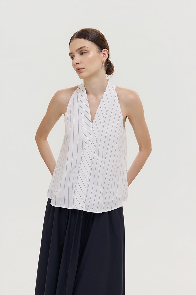 LORIE HALTER STRIPE LINEN TOP