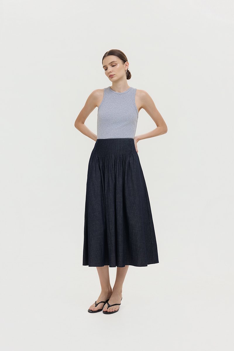 BROOKLYN PIN TUCK DENIM MIDI SKIRT