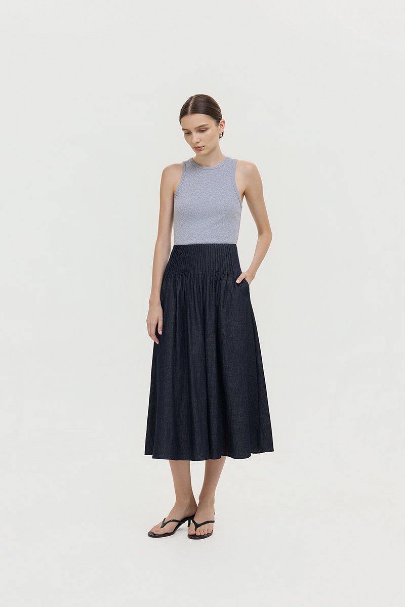 BROOKLYN PIN TUCK DENIM MIDI SKIRT