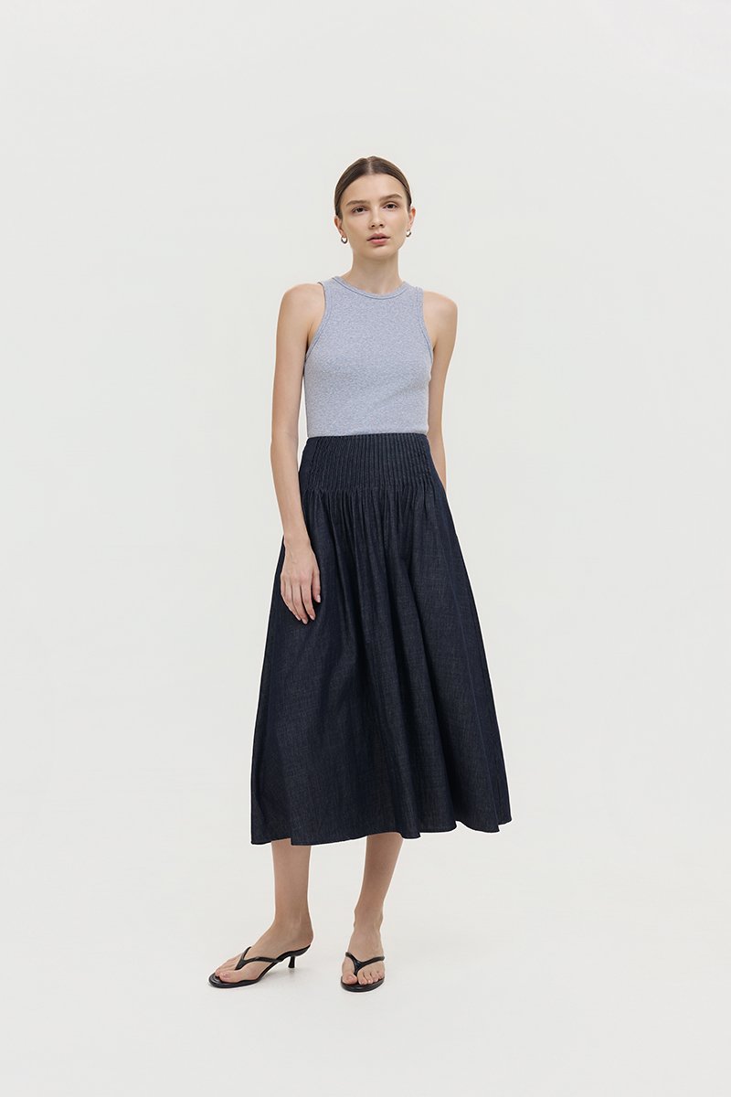 BROOKLYN PIN TUCK DENIM MIDI SKIRT