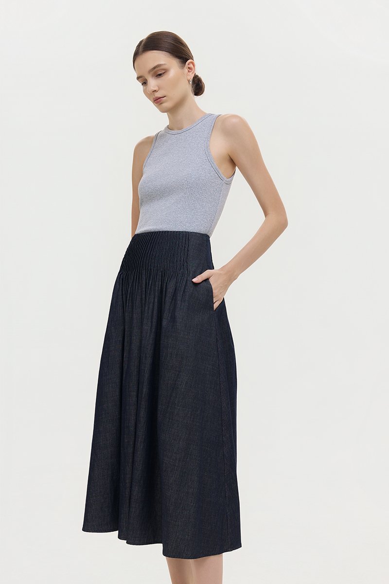 BROOKLYN PIN TUCK DENIM MIDI SKIRT
