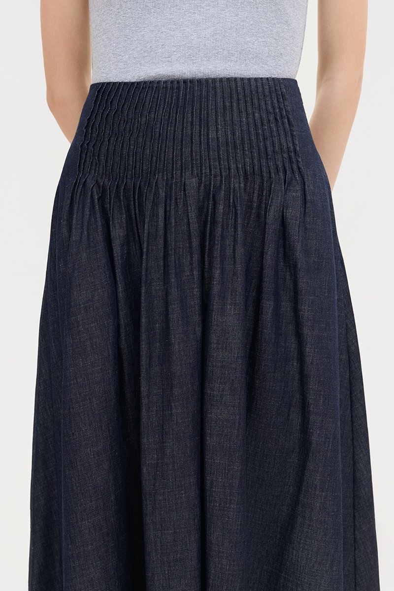 BROOKLYN PIN TUCK DENIM MIDI SKIRT