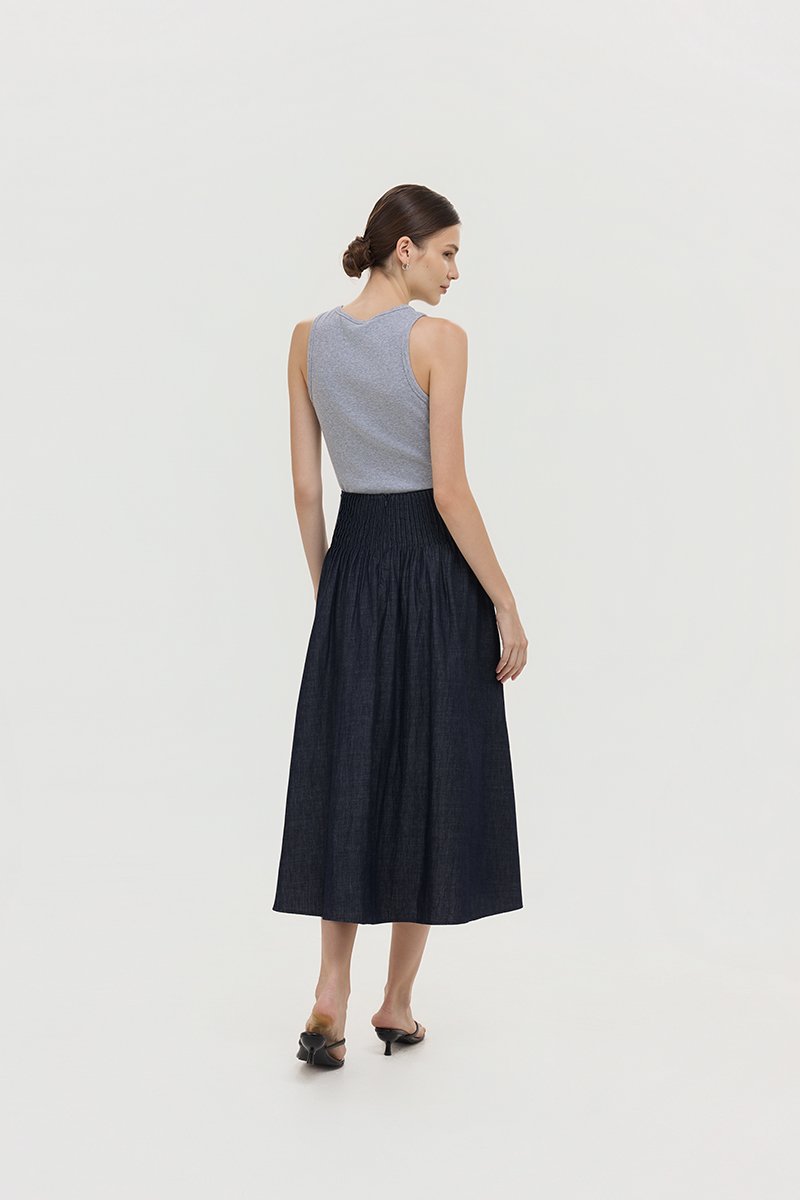 BROOKLYN PIN TUCK DENIM MIDI SKIRT