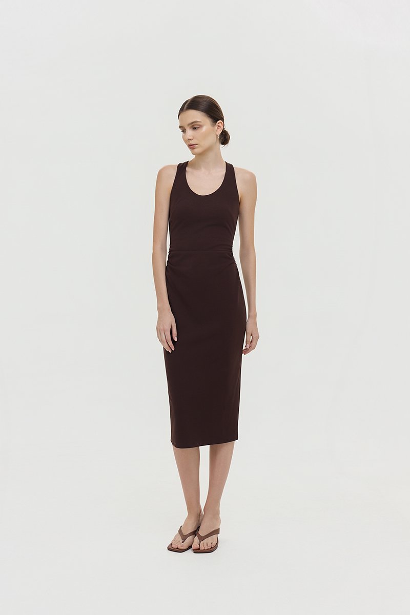NOELIA HALTER NECK RUCHED MIDI DRESS