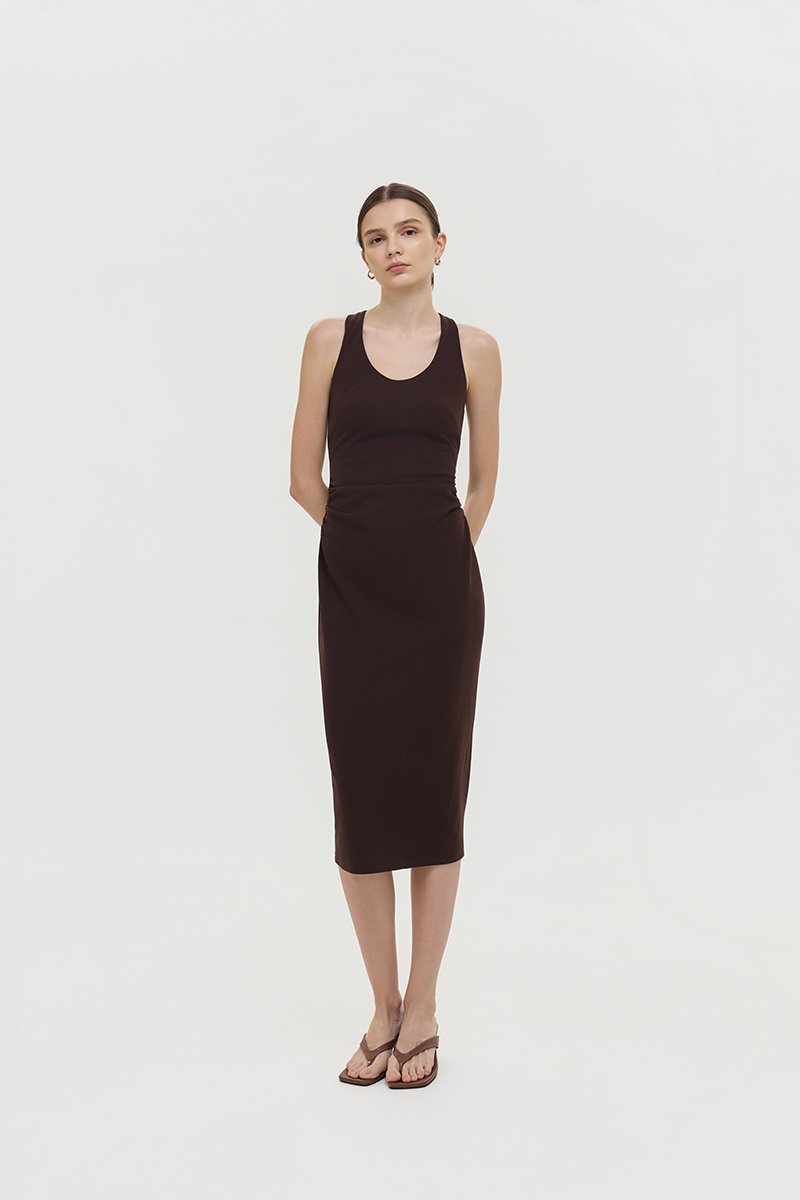 NOELIA HALTER NECK RUCHED MIDI DRESS