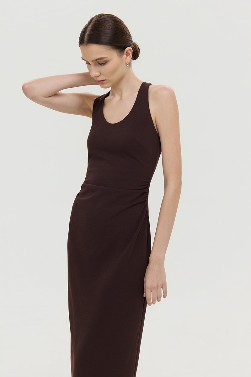 NOELIA HALTER NECK RUCHED MIDI DRESS