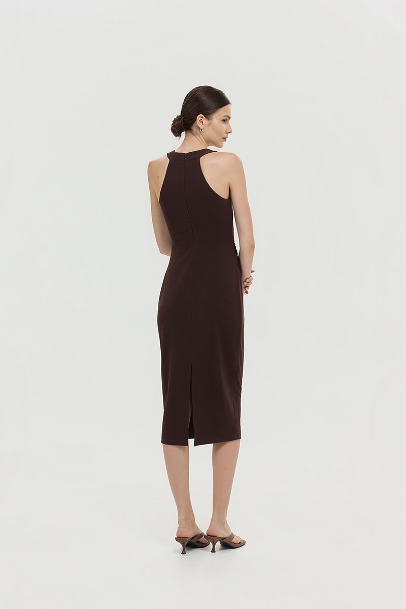 NOELIA HALTER NECK RUCHED MIDI DRESS