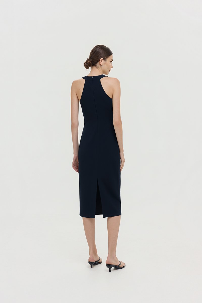 NOELIA HALTER NECK RUCHED MIDI DRESS