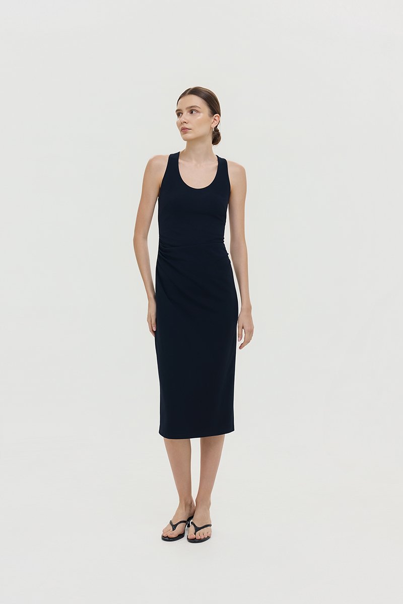 NOELIA HALTER NECK RUCHED MIDI DRESS