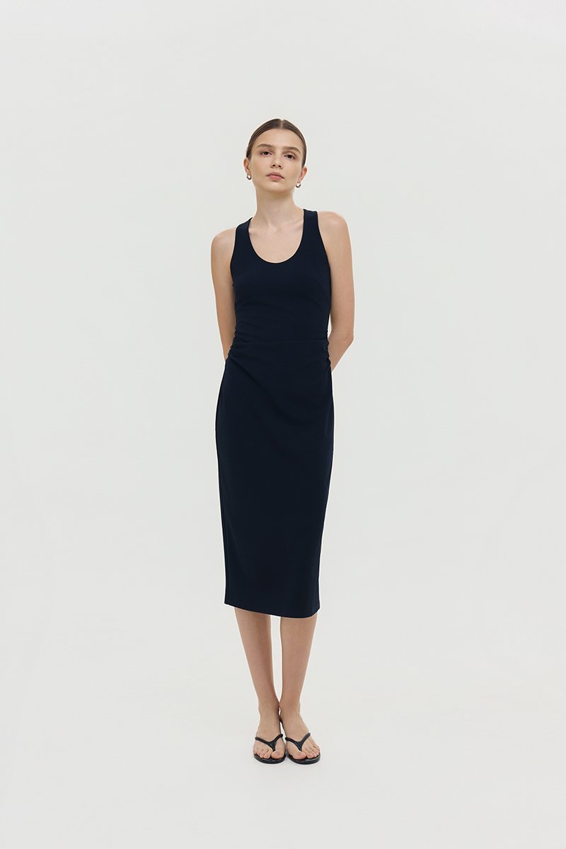 NOELIA HALTER NECK RUCHED MIDI DRESS