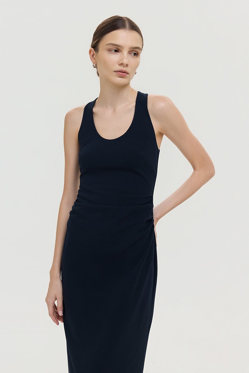 NOELIA HALTER NECK RUCHED MIDI DRESS