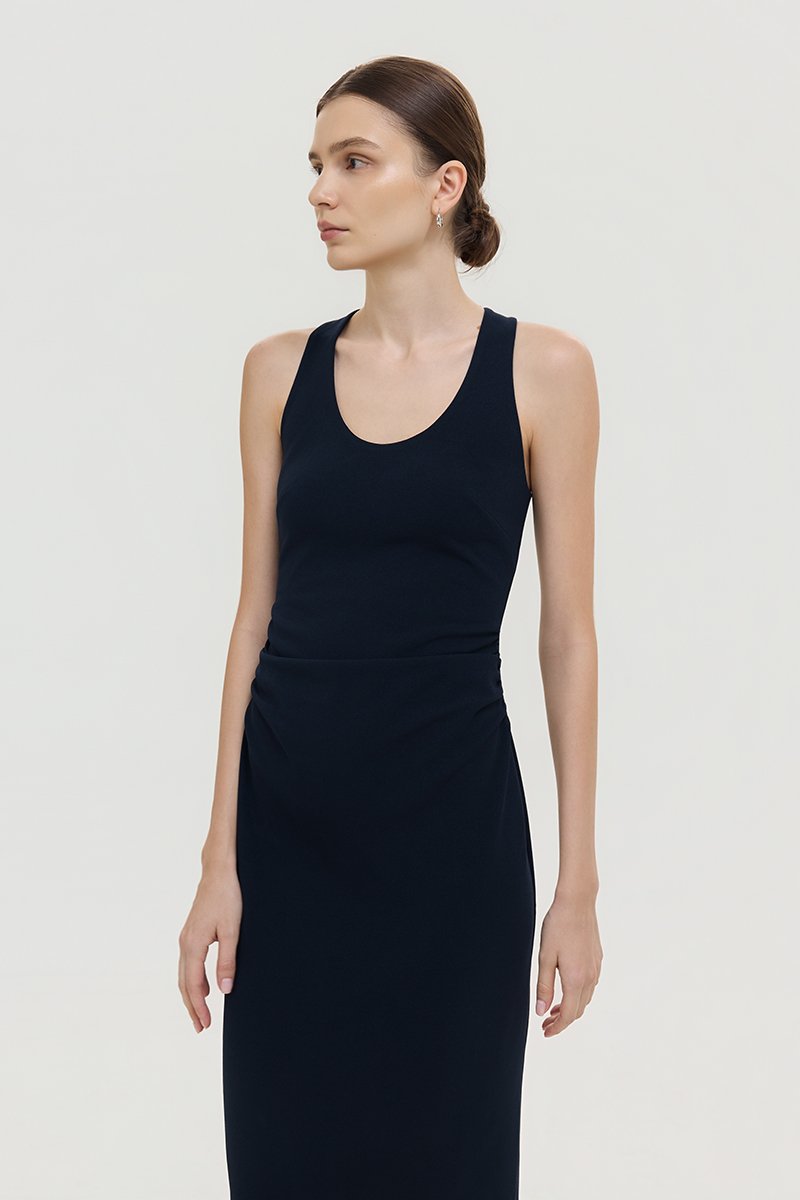 NOELIA HALTER NECK RUCHED MIDI DRESS