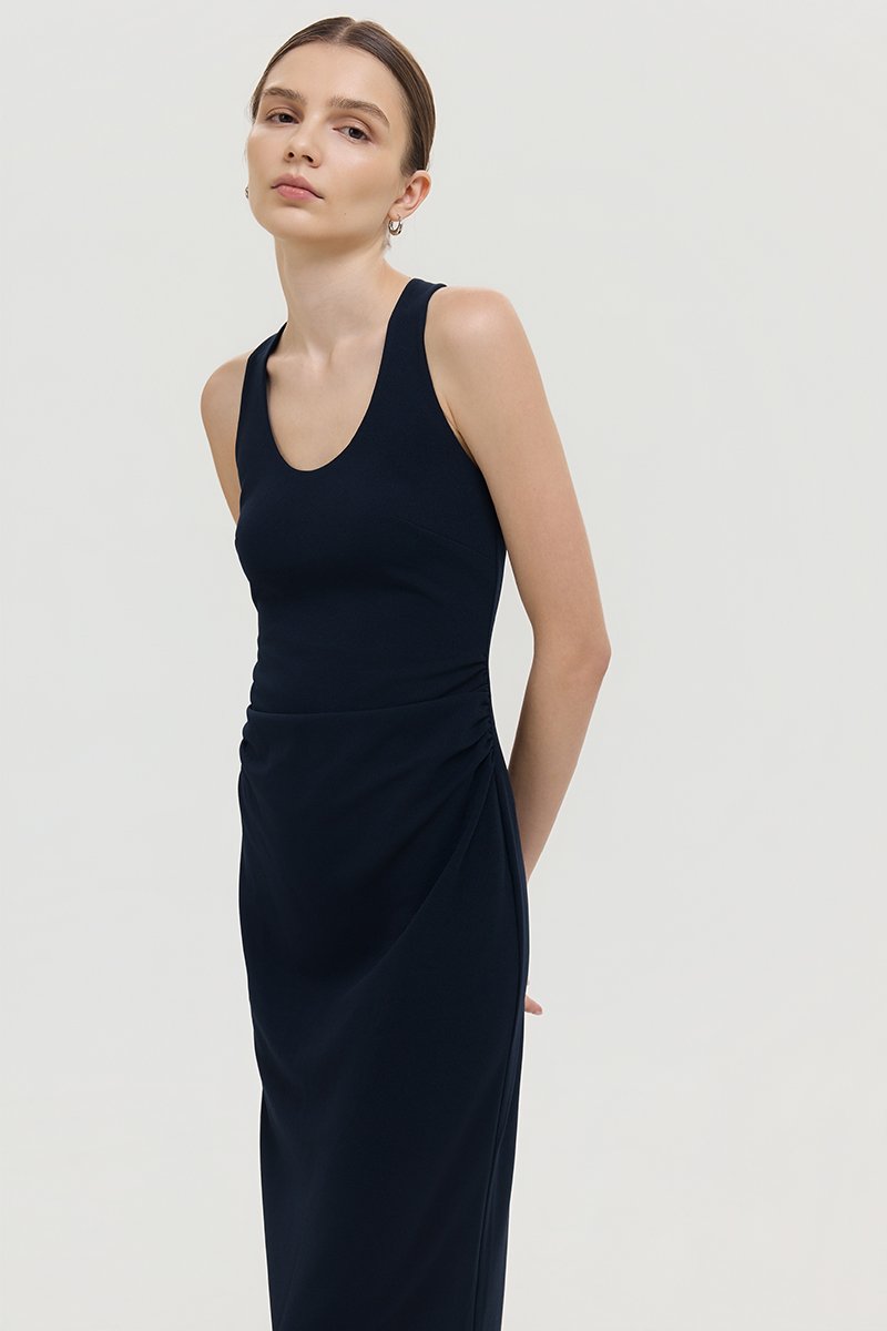 NOELIA HALTER NECK RUCHED MIDI DRESS
