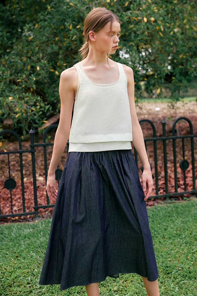 BROOKLYN PIN TUCK DENIM MIDI SKIRT
