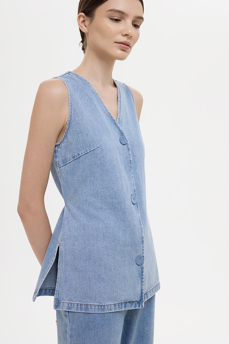SANDLER DENIM BUTTONDOWN LONG VEST