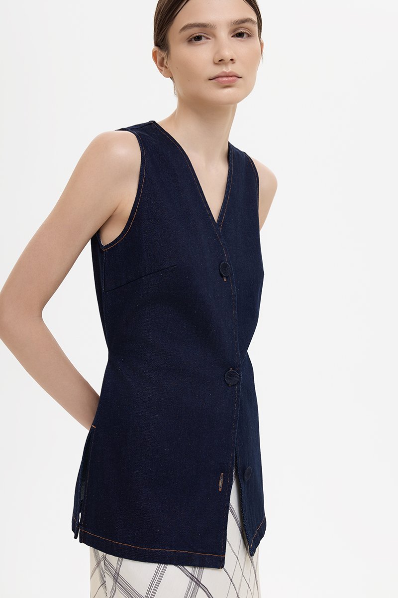 SANDLER DENIM BUTTONDOWN LONG VEST