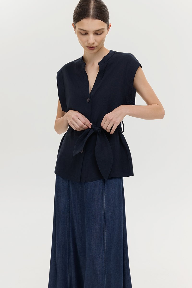 COLBY TIE BELT LONGLINE LINEN TOP
