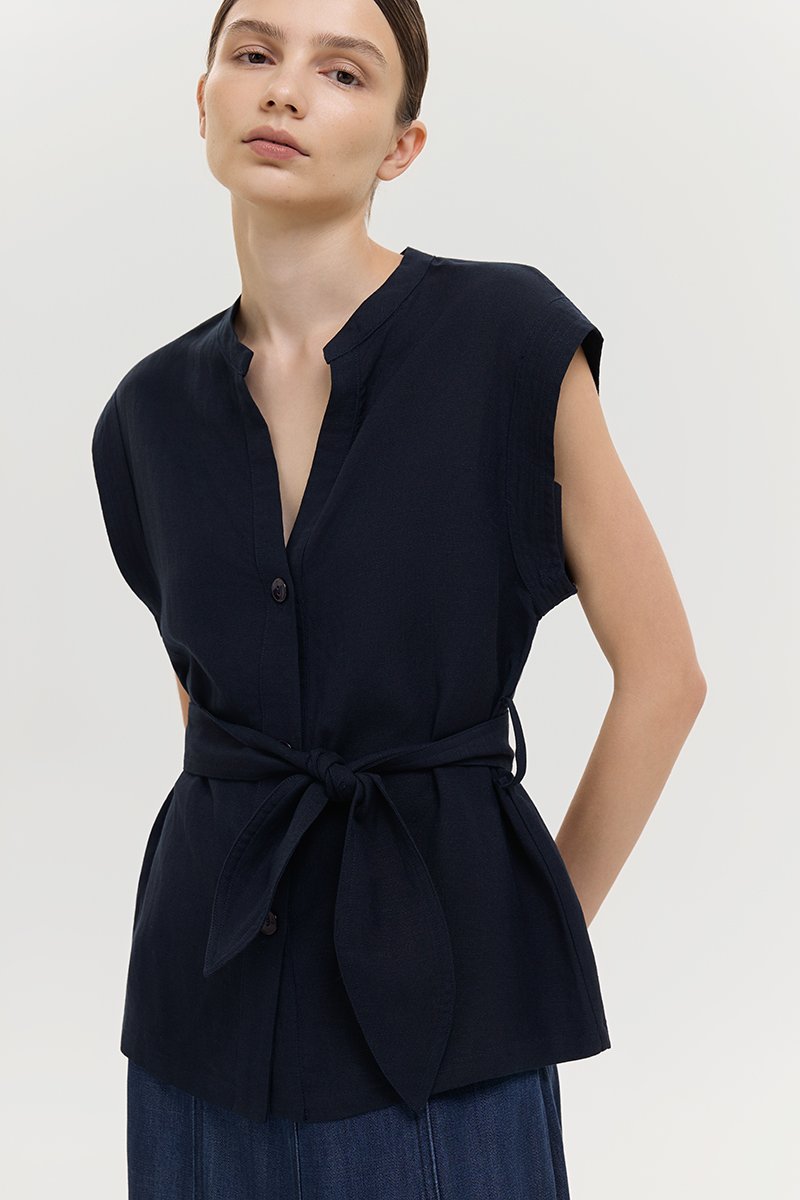 COLBY TIE BELT LONGLINE LINEN TOP