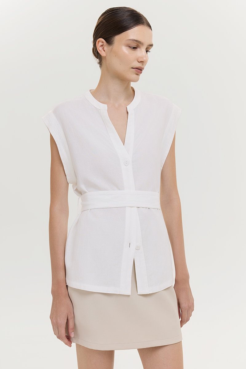 COLBY TIE BELT LONGLINE LINEN TOP