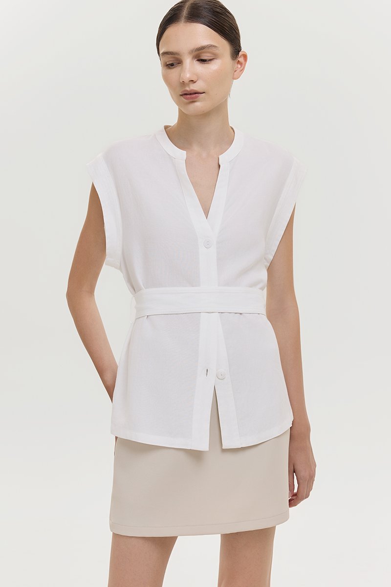 COLBY TIE BELT LONGLINE LINEN TOP