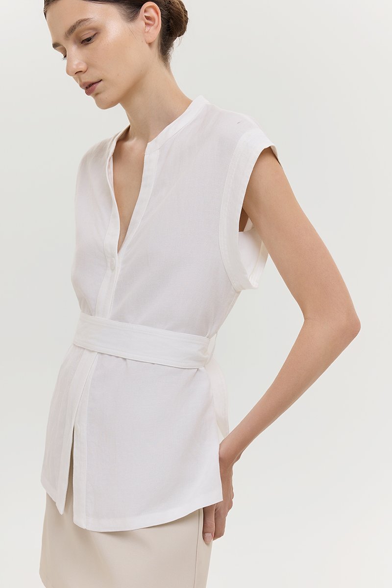 COLBY TIE BELT LONGLINE LINEN TOP