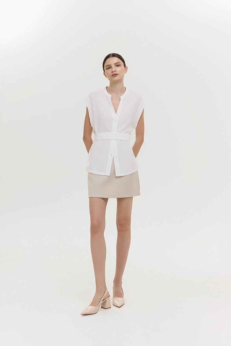 COLBY TIE BELT LONGLINE LINEN TOP