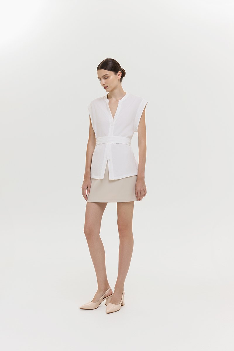 COLBY TIE BELT LONGLINE LINEN TOP