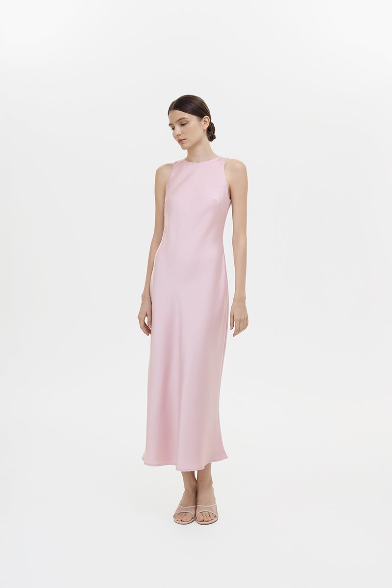 REISSA COWL BACK DRAPE SATIN DRESS