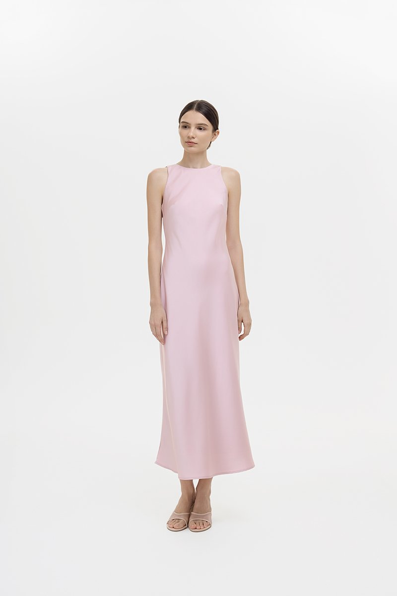 REISSA COWL BACK DRAPE SATIN DRESS