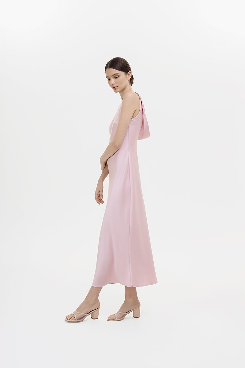 REISSA COWL BACK DRAPE SATIN DRESS