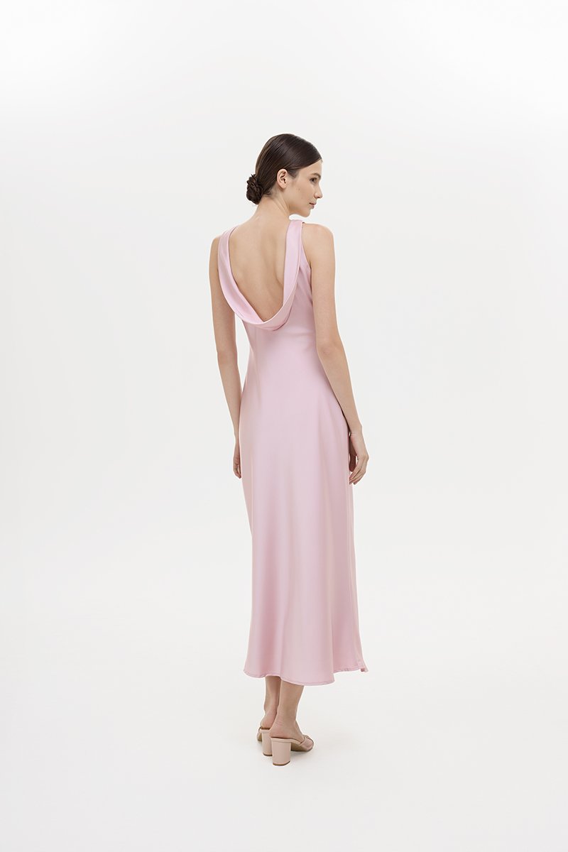 REISSA COWL BACK DRAPE SATIN DRESS