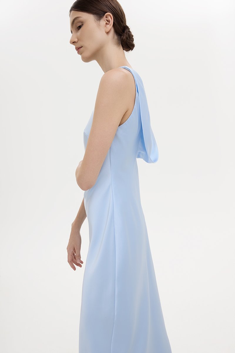 REISSA COWL BACK DRAPE SATIN DRESS