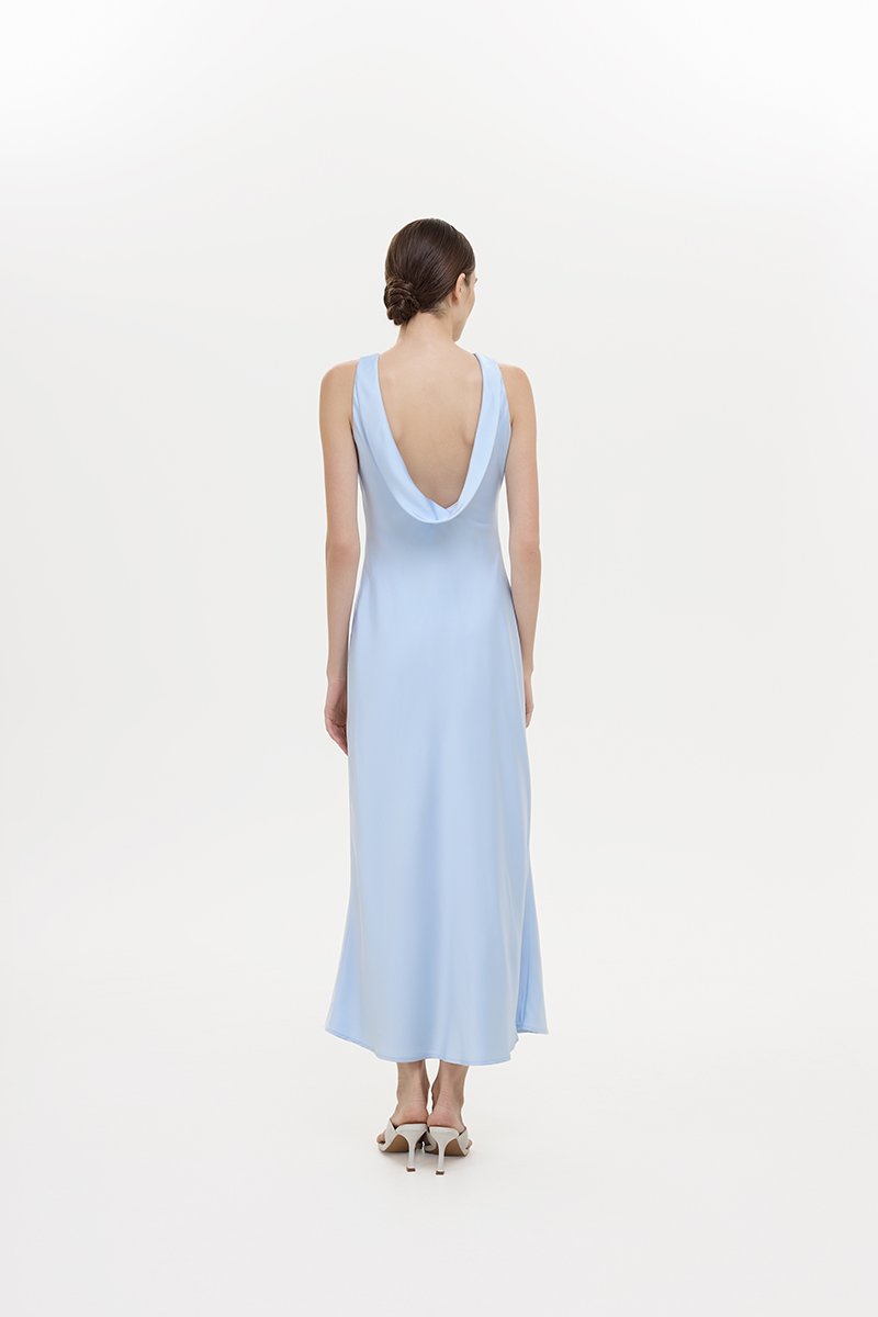 REISSA COWL BACK DRAPE SATIN DRESS