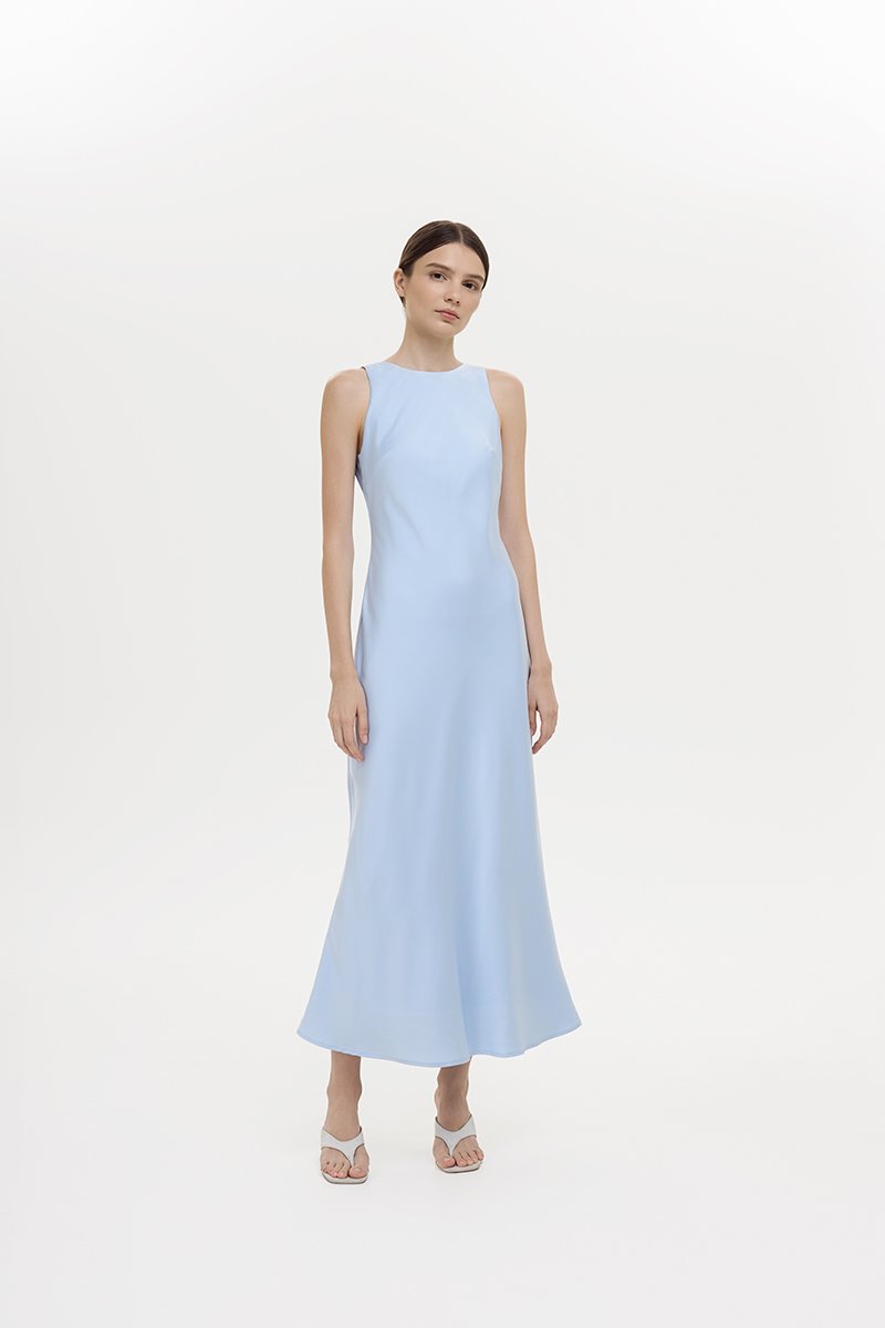 REISSA COWL BACK DRAPE SATIN DRESS