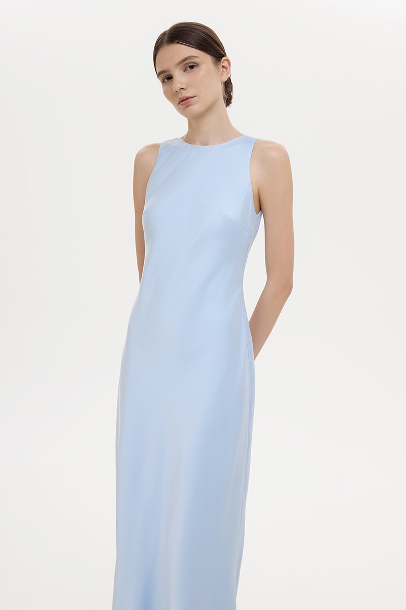 REISSA COWL BACK DRAPE SATIN DRESS