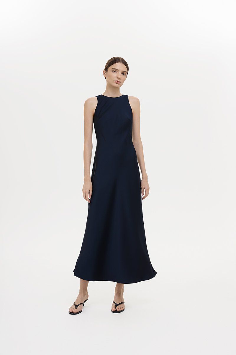 REISSA COWL BACK DRAPE SATIN DRESS