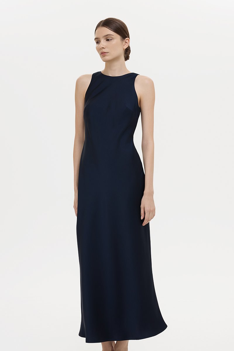 REISSA COWL BACK DRAPE SATIN DRESS