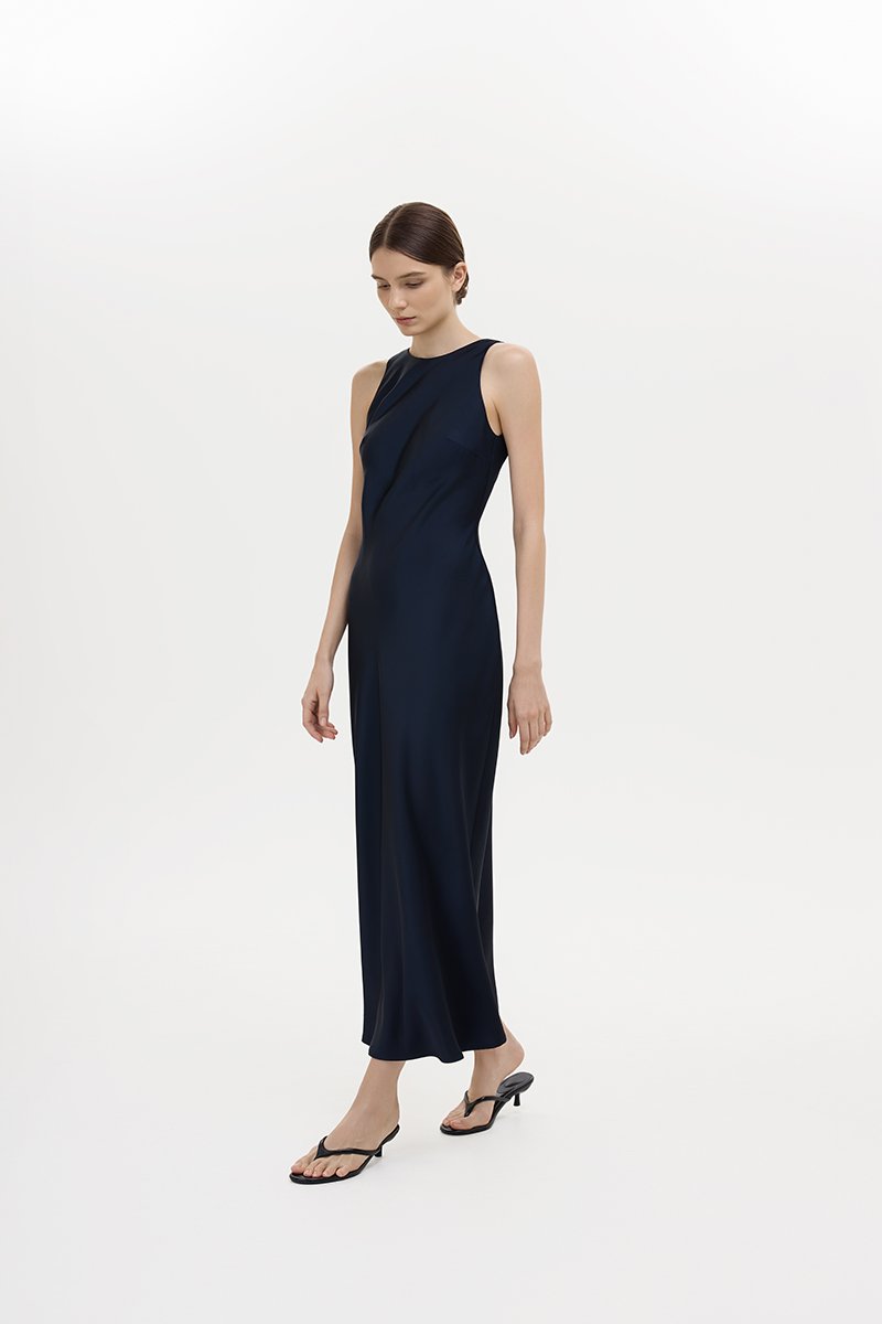 REISSA COWL BACK DRAPE SATIN DRESS