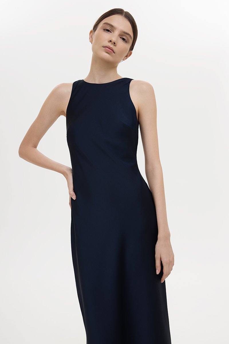 REISSA COWL BACK DRAPE SATIN DRESS