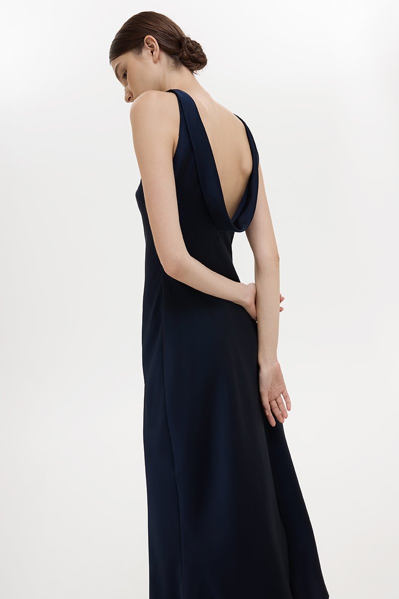 REISSA COWL BACK DRAPE SATIN DRESS