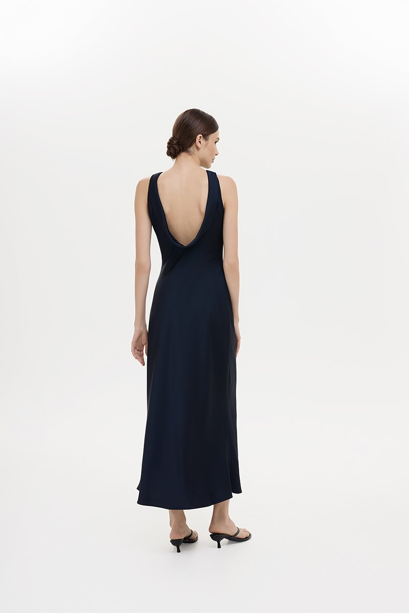 REISSA COWL BACK DRAPE SATIN DRESS