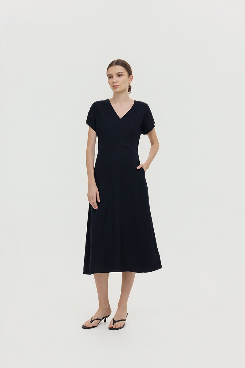 VERNESSA EMPIRE WAIST LINEN MIDI DRESS