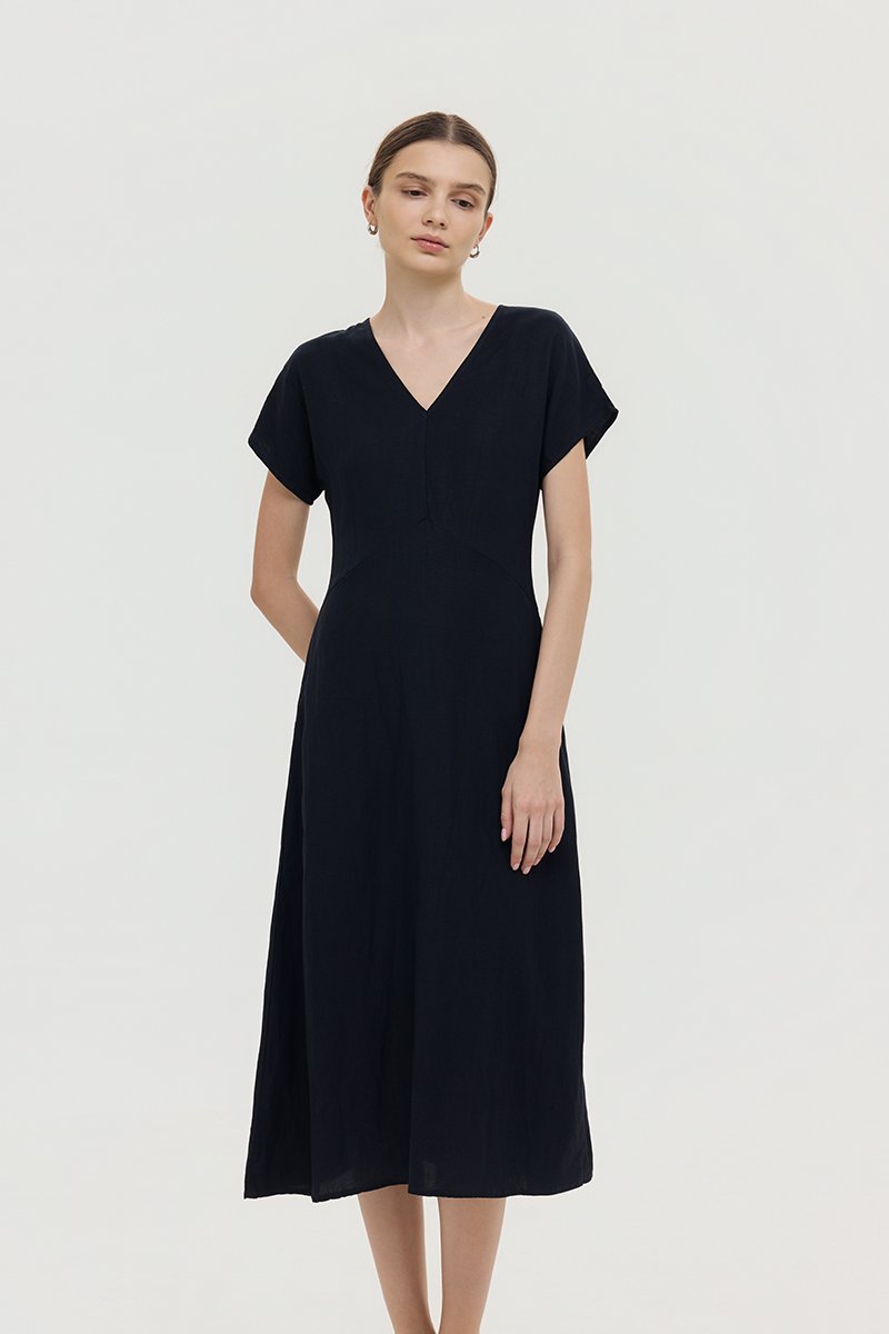 VERNESSA EMPIRE WAIST LINEN MIDI DRESS